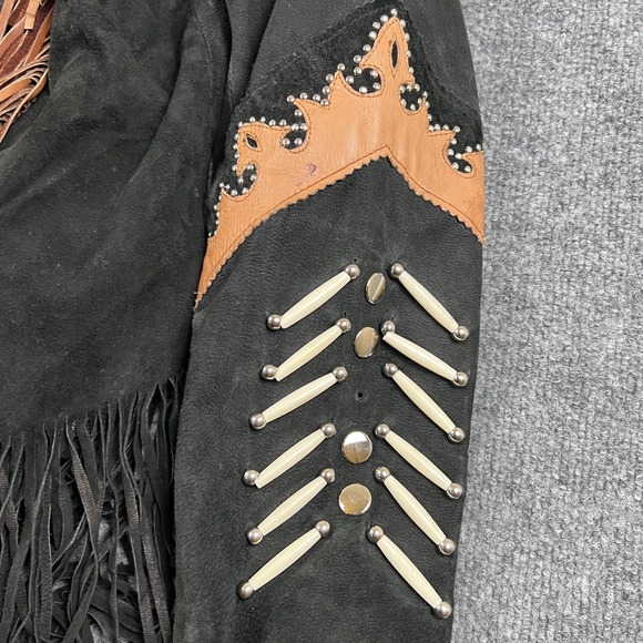 Leather Gallery Jacket Womens XL Black Suede Fringe Western Bone Studded Cowgirl - Picture 8 of 13